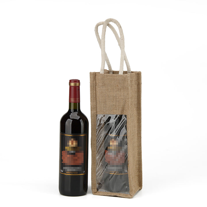 Jute Wine Bag Featuring Clear Display Window for Single Wine Bottle Packaging