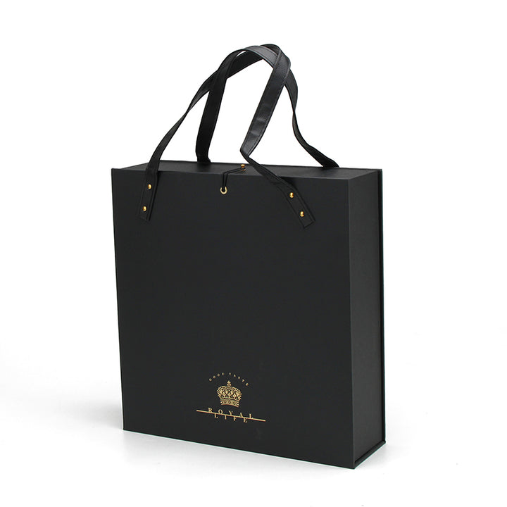 Black Wine Gift Box Packaging with Custom Logo and Handle Design