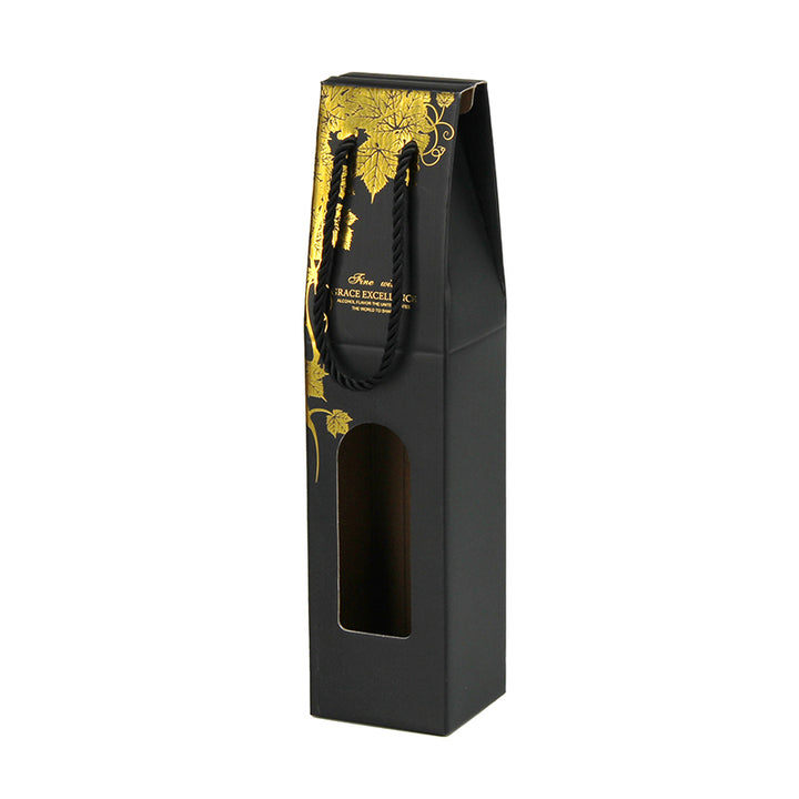 Matte Black Wine Packaging Box with Oval Cutout and Gold Foil Details