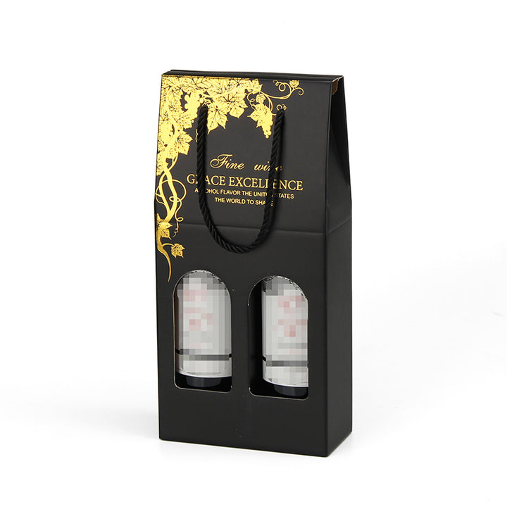 Black Wine Gift Box 2 Bottles with Window and Rope Handle