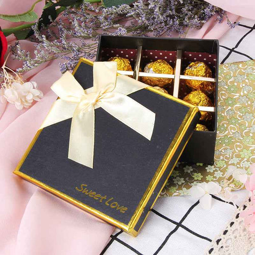 Black Square Chocolate Gift Box With Gold Ribbon and Compartments